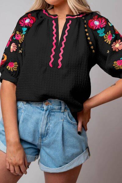 Floral Embroidered Notched Puff Sleeve Blouse