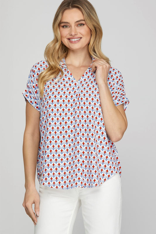 She + Sky Full Size Printed Johnny Collar Short Sleeve Blouse Plus Size - Clothes For Her Online Store