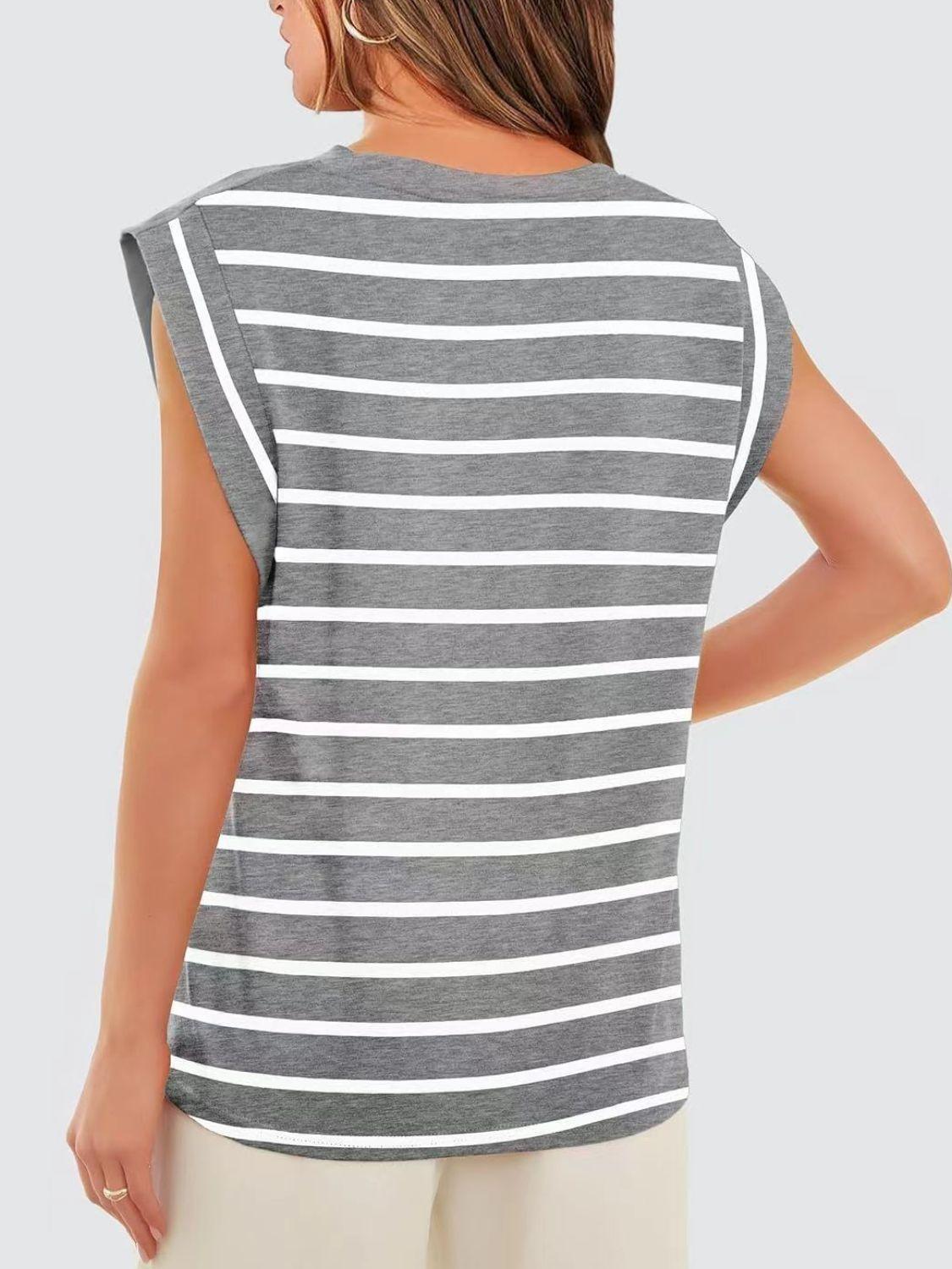 Florira Striped Round Neck Cap Sleeve T-Shirt