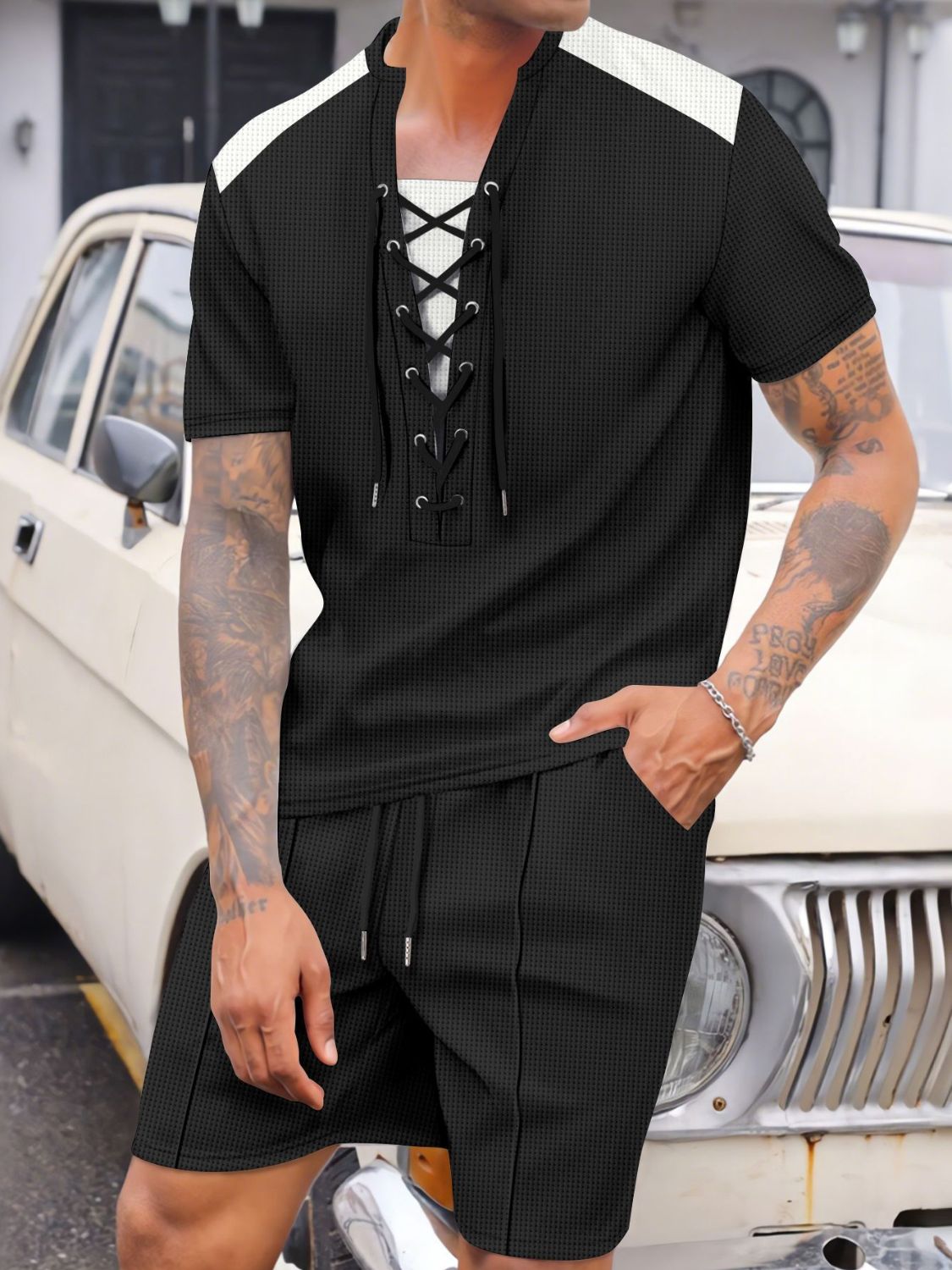 Men's Full Size Lace-Up Waffle Knit Top and Shorts Set Plus Size - Clothes For Her Online Store