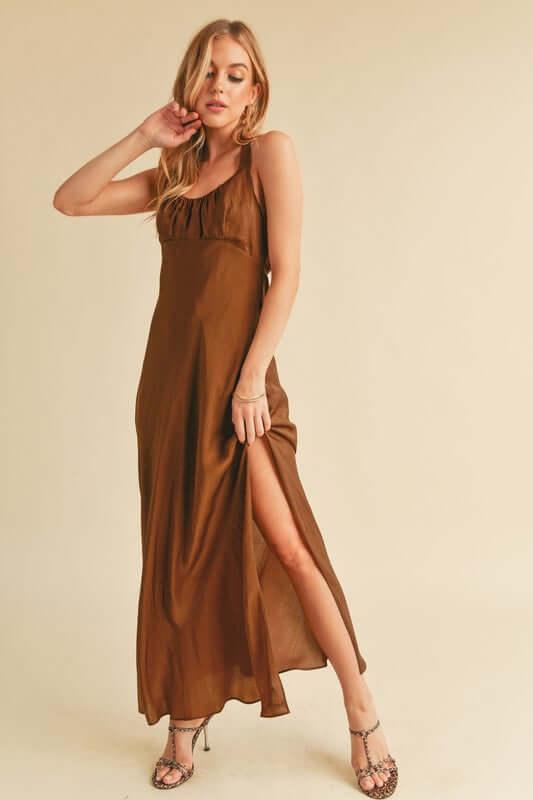 Aemi + Co Ruched Side Slit Cutout Back Maxi Cami Dress