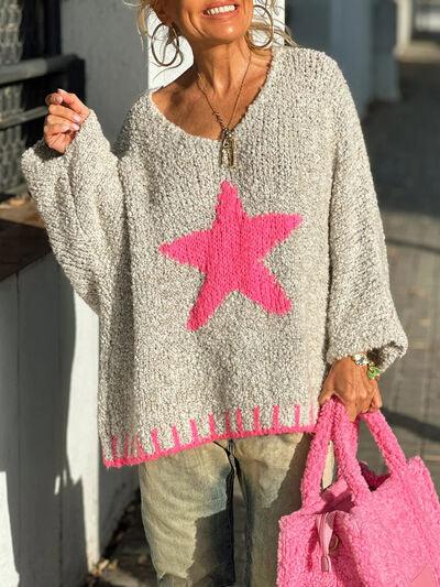 Star V-Neck Long Sleeve Oversize Sweater - Clothes For Her Online Store