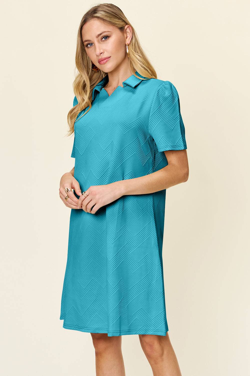 Double Take Full Size Texture Collared Neck Short Sleeve Dress - Clothes For Her Online Store