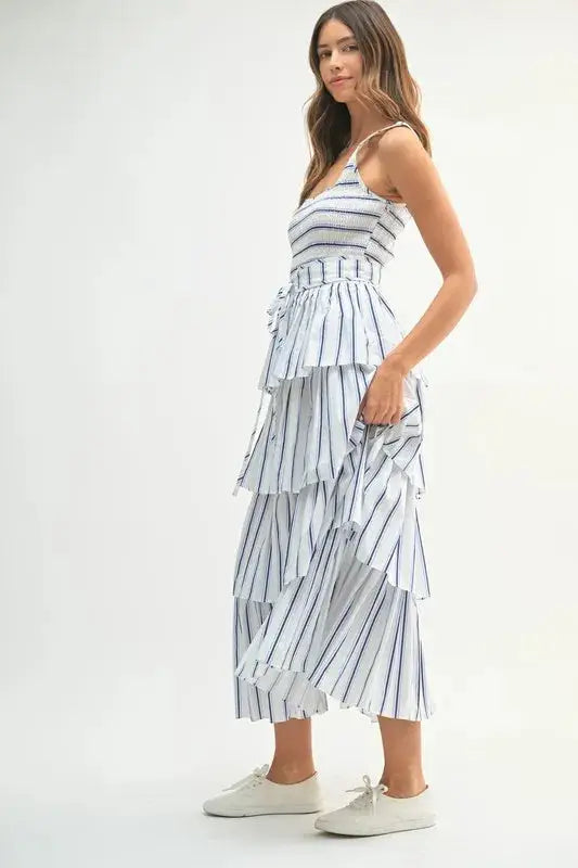 MABLE Pin Stripe Smocked Bodice Layered Midi Dress - Clothes For Her Online Store