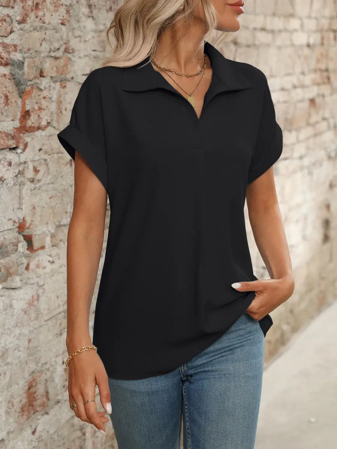 Collared Neck Short Sleeve Blouse