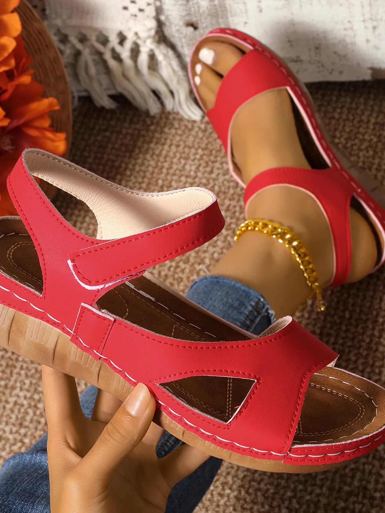 Floral Print Velcro Strap Wedge Sandals