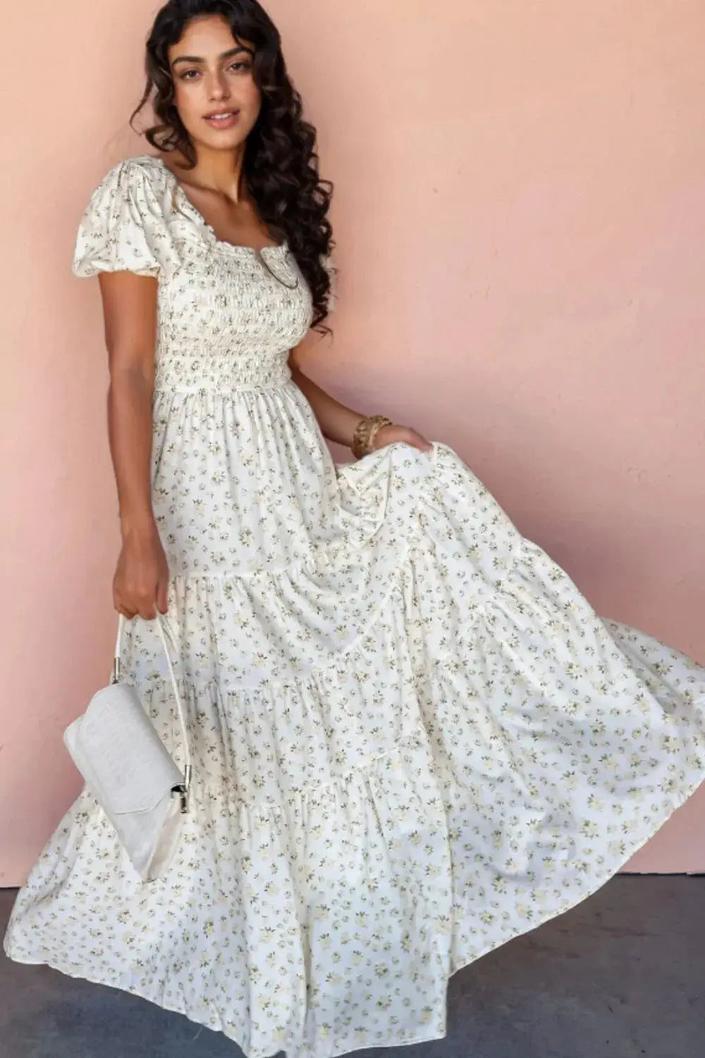 Floral Smocked Short Puff Sleeve Maxi Dress - Clothes For Her Online Store