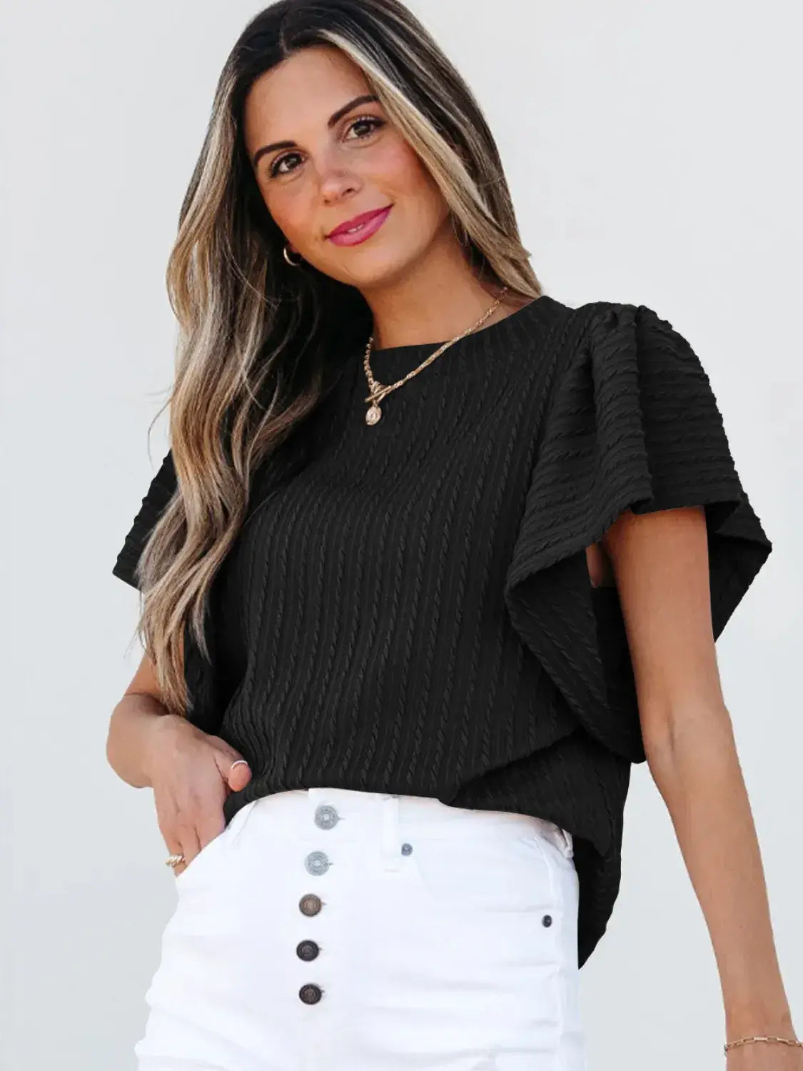 Round Neck Ruffle Sleeve Top - Clothes For Her Online Store