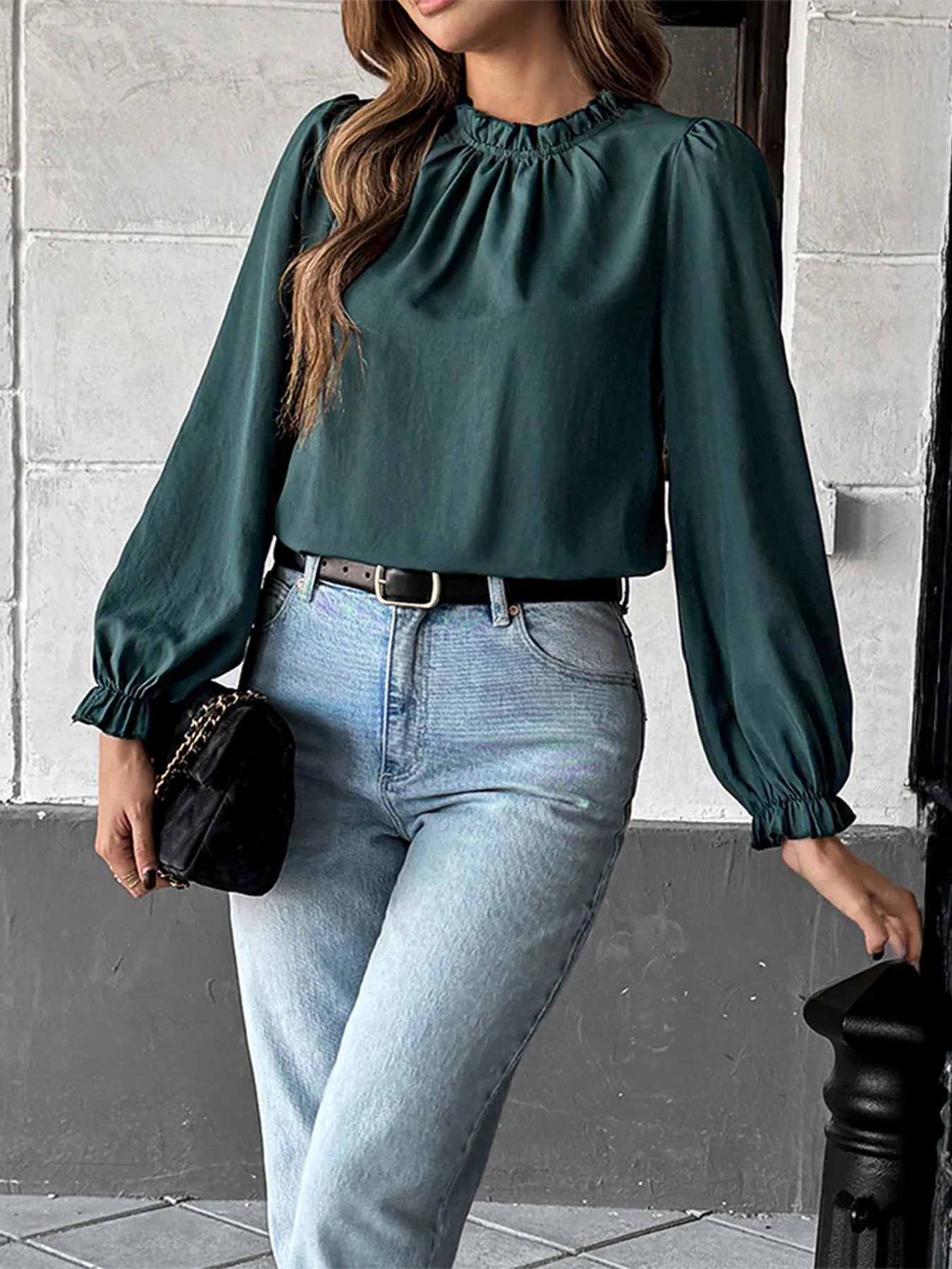 Ruched Round Neck Long Sleeve Blouse