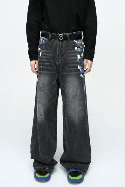 Watercolor Wide Leg Jeans with Pockets - Clothes For Her Online Store