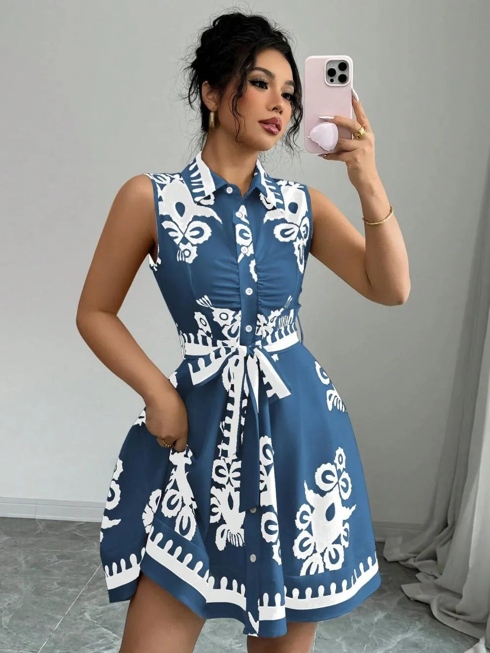 Printed Sleeveless Button Front Dress