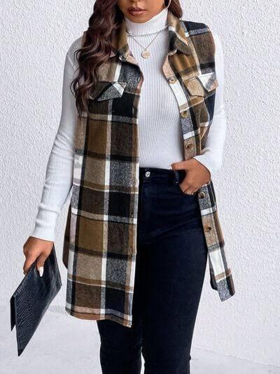 Honey Plus Size Pocketed Plaid Button Up Vest Coat - Clothes For Her Online Store