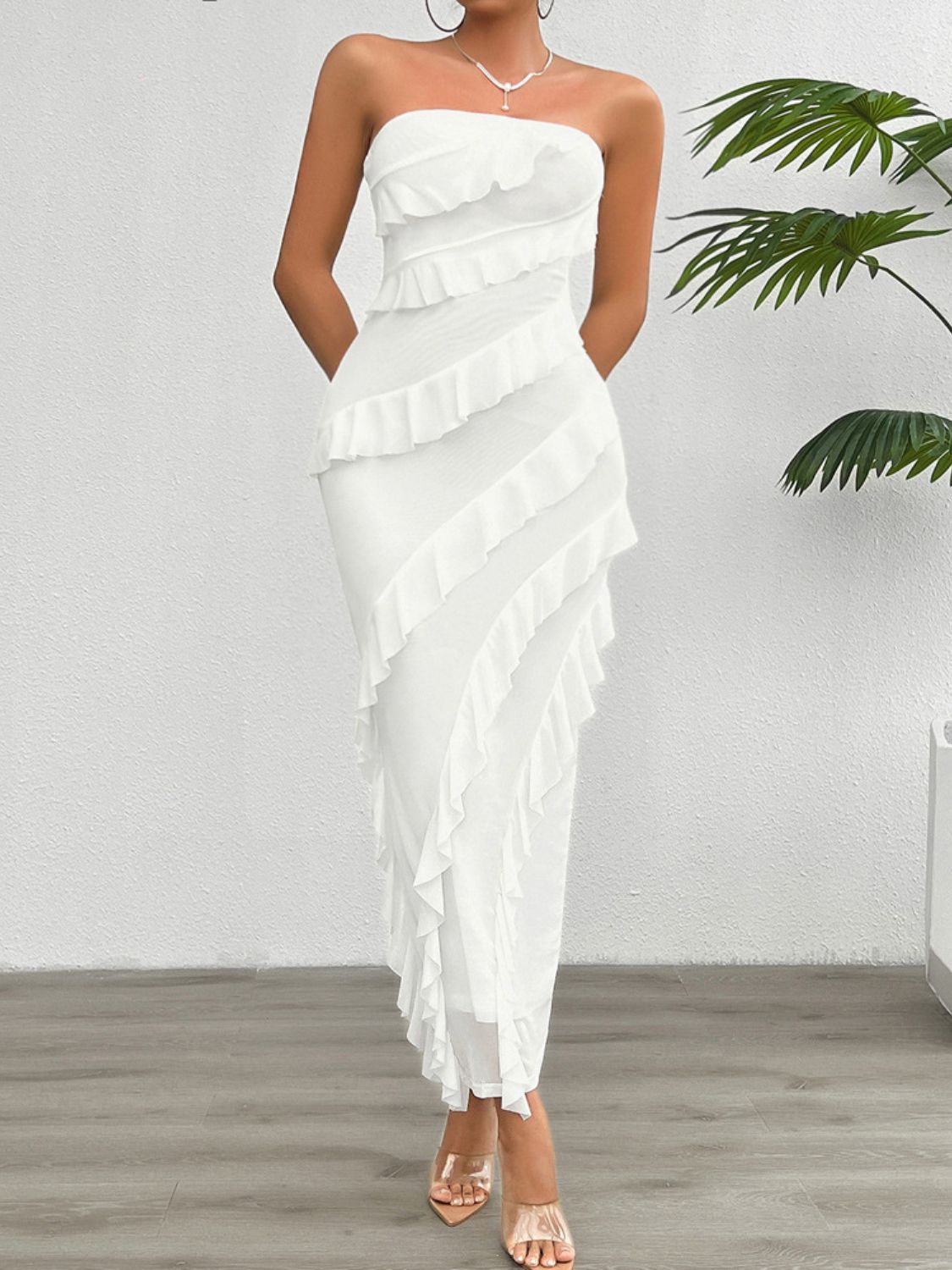 Devine Ruffled Slit Back Tube Maxi Dress