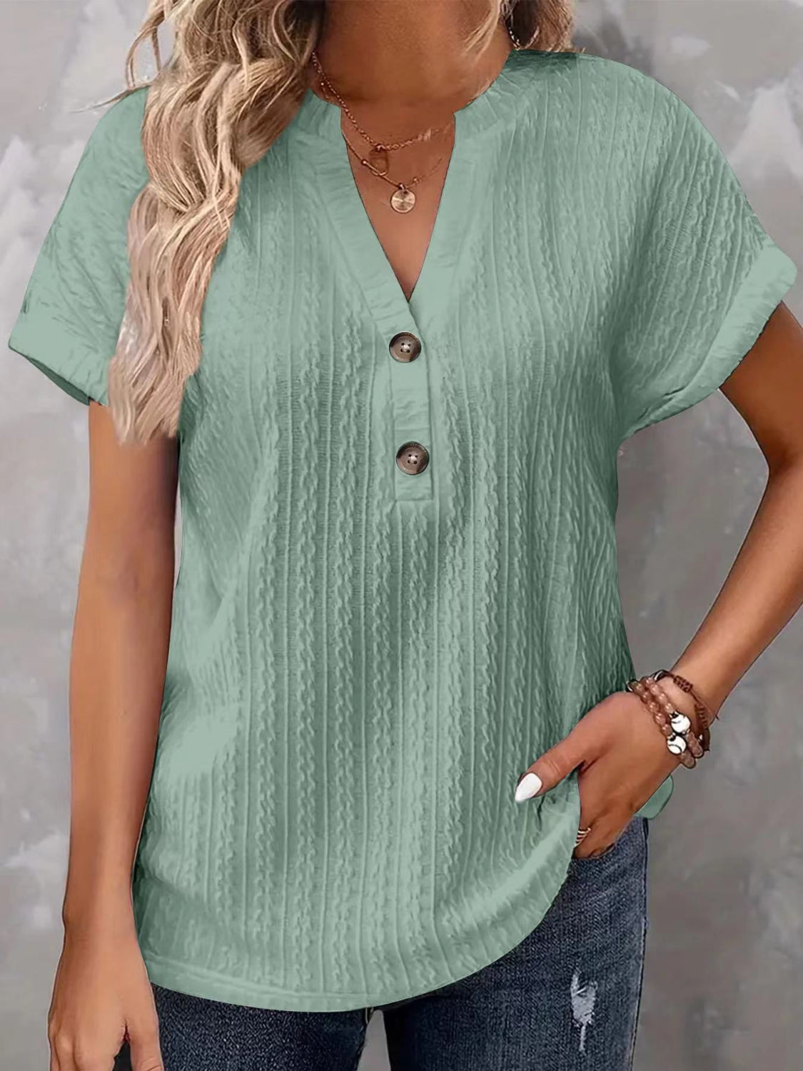 Textured Notched Short Sleeve Top