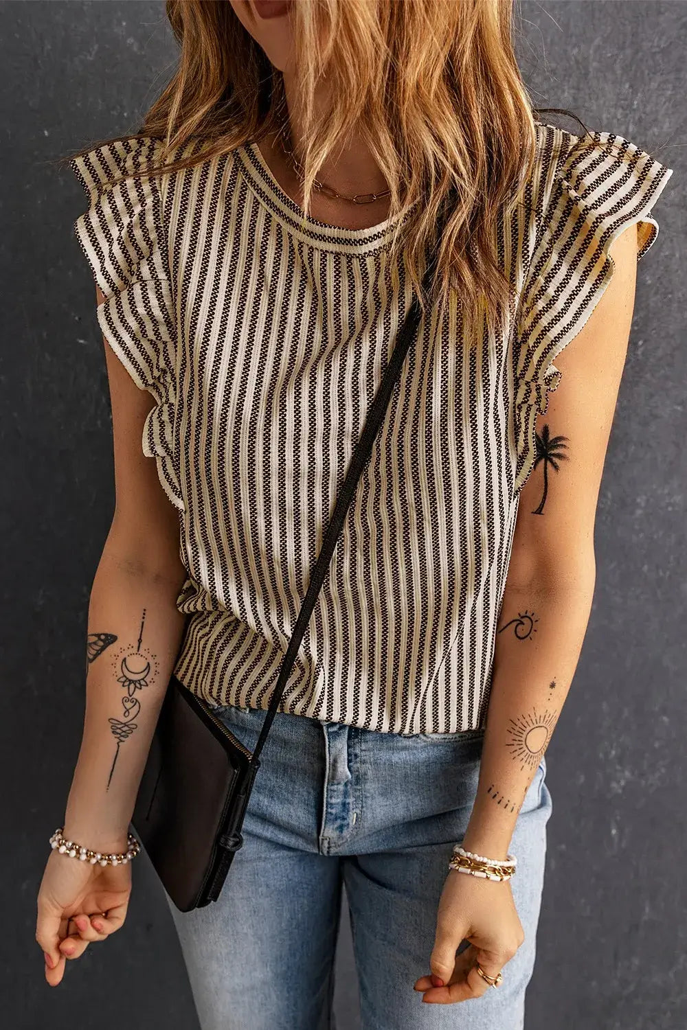 Ruffled Striped Round Neck Blouse