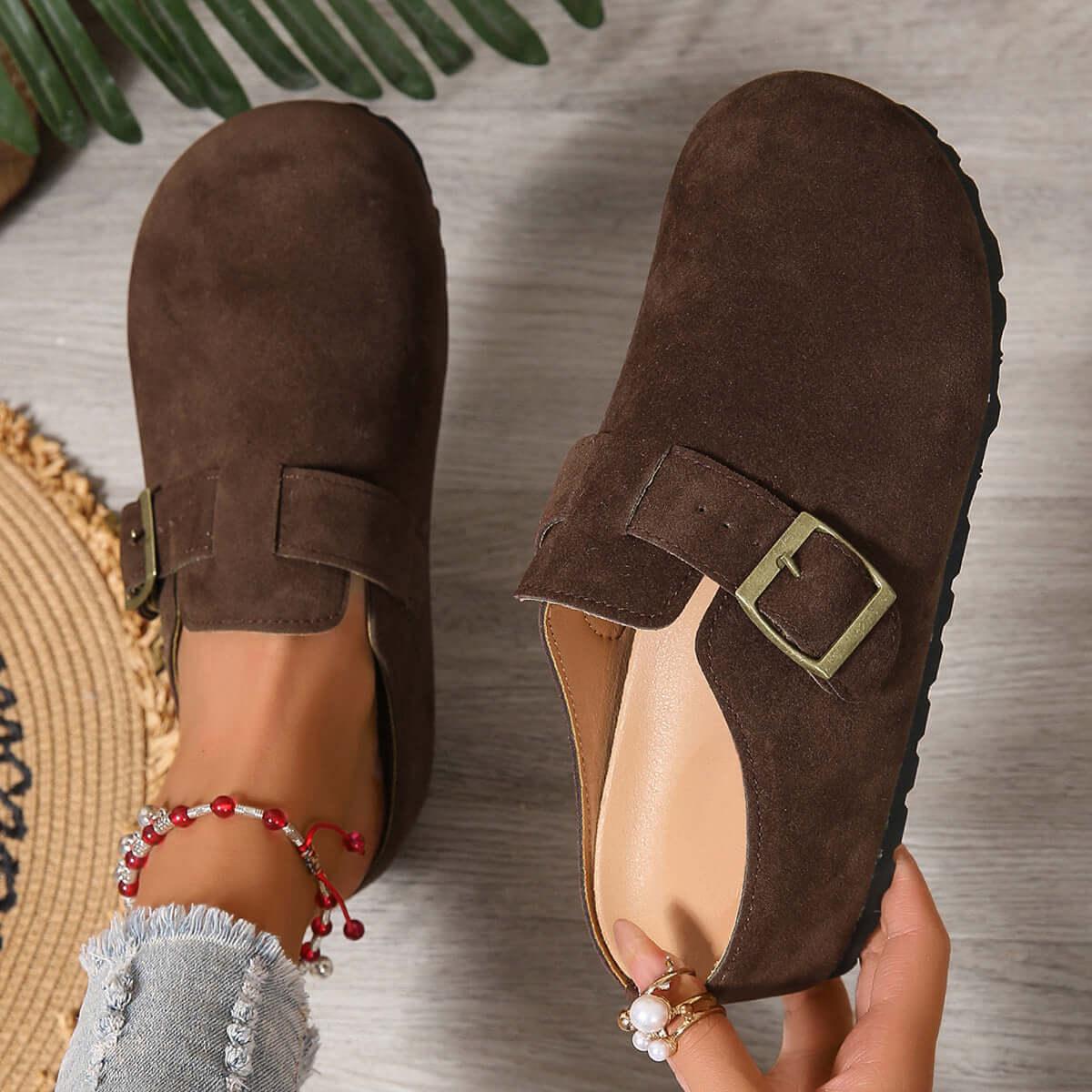 Round Toe Suede Buckle Slip-Ons