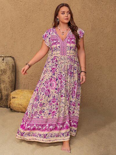 Plus Size Printed V-Neck Cap Sleeve Maxi Dress