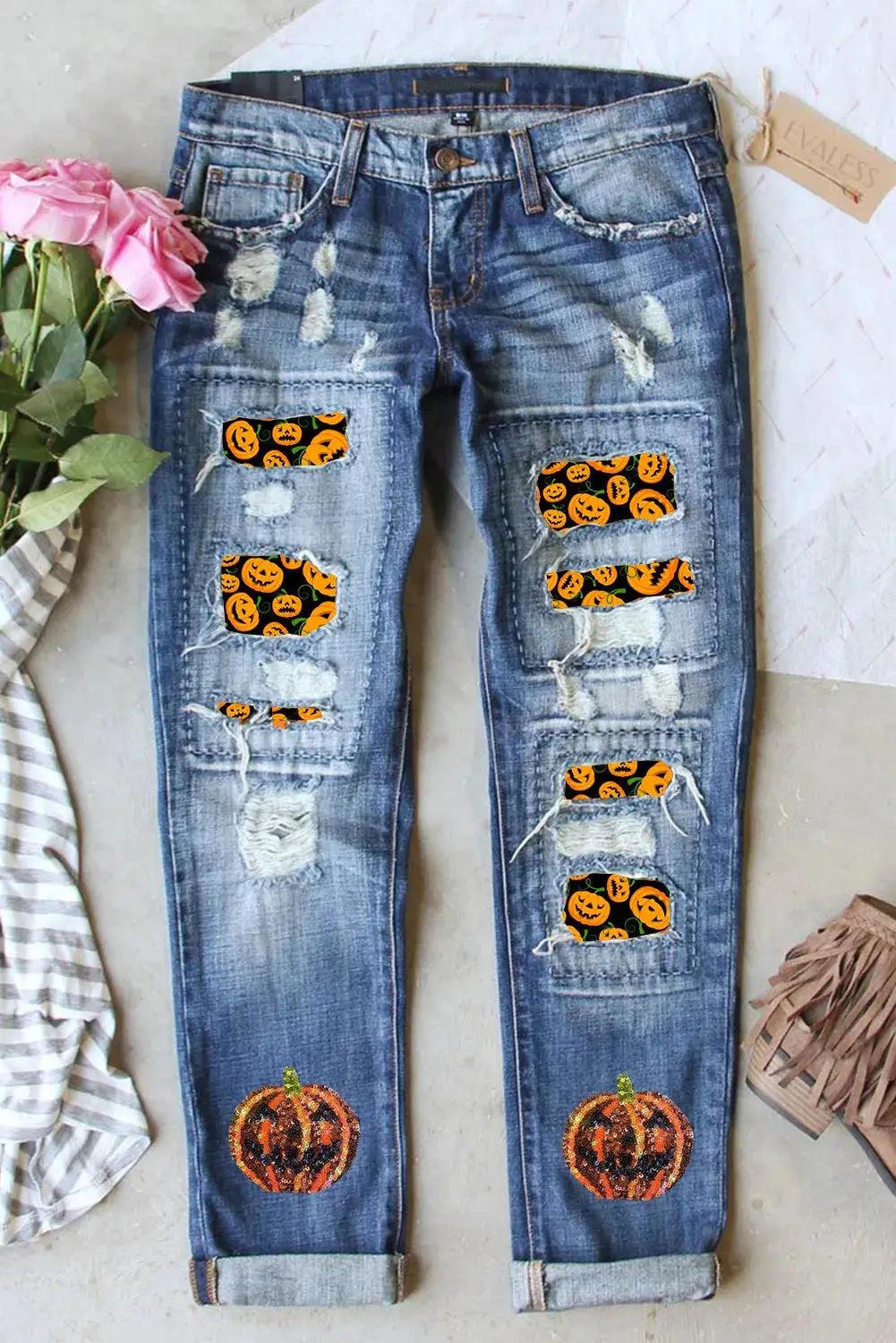 Pumpkin Distressed Straight Jeans - Clothes For Her Online Store