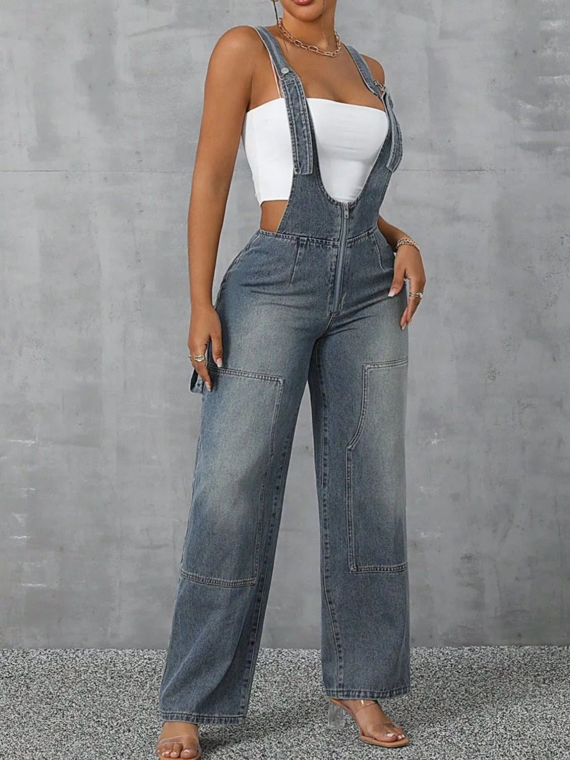 Zip Front Wide Strap Denim Overalls