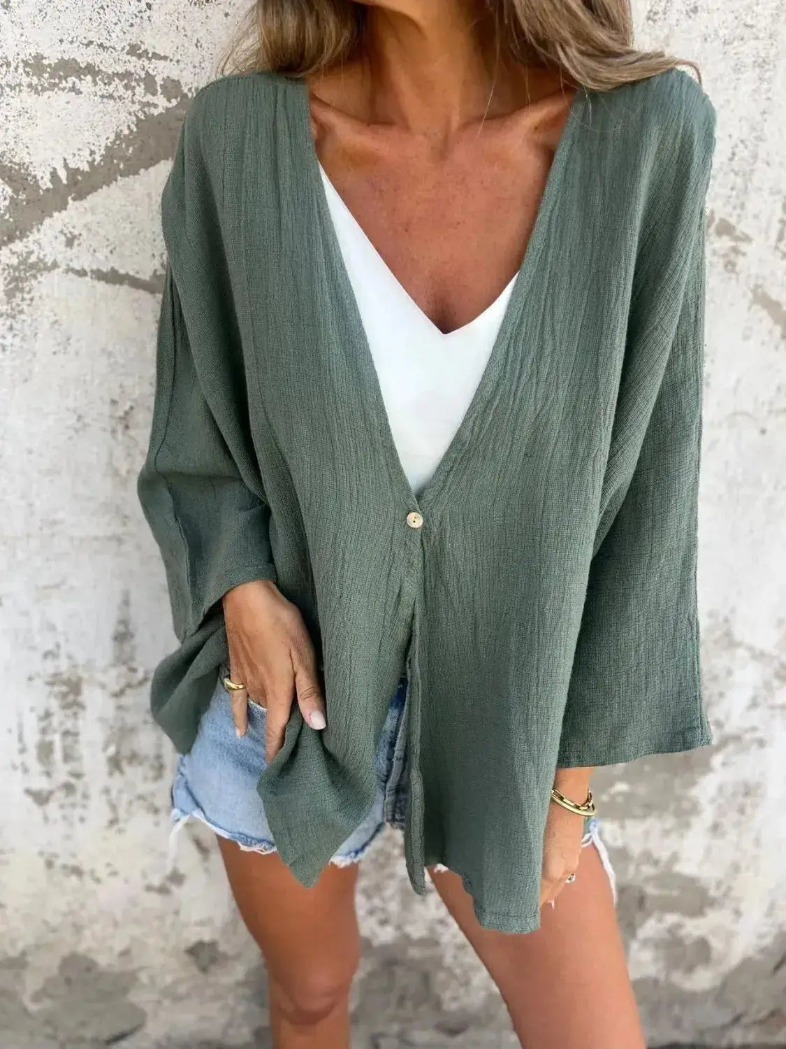 Full Size One Button Long Sleeve Shirt Plus Size - Clothes For Her Online Store