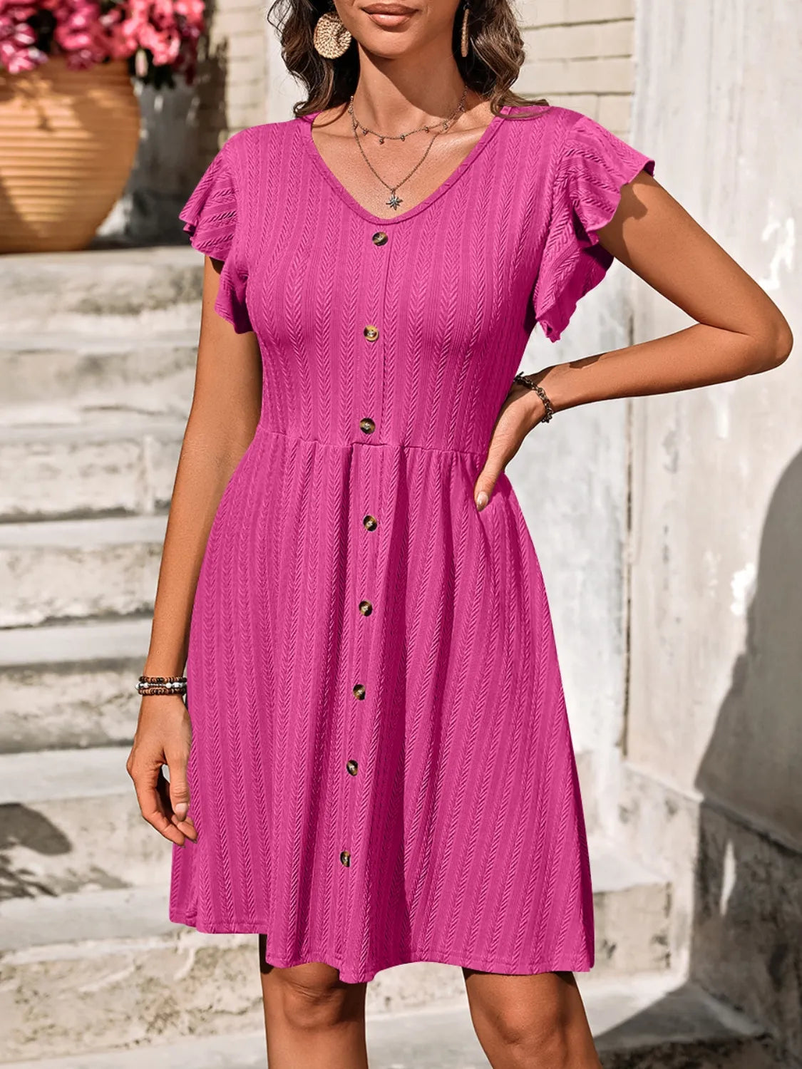 V-Neck Ruffled Cap Sleeve Dress