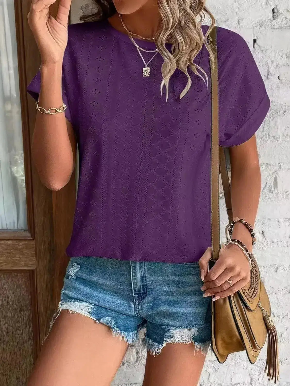 Eyelet Round Neck Short Sleeve T-Shirt - Clothes For Her Online Store
