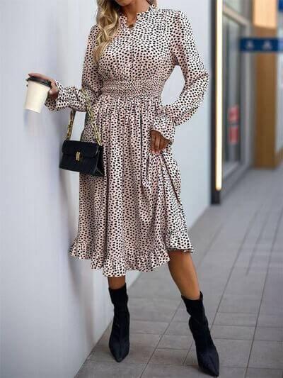 Perfee Ruched Ruffled Leopard Long Sleeve Dress