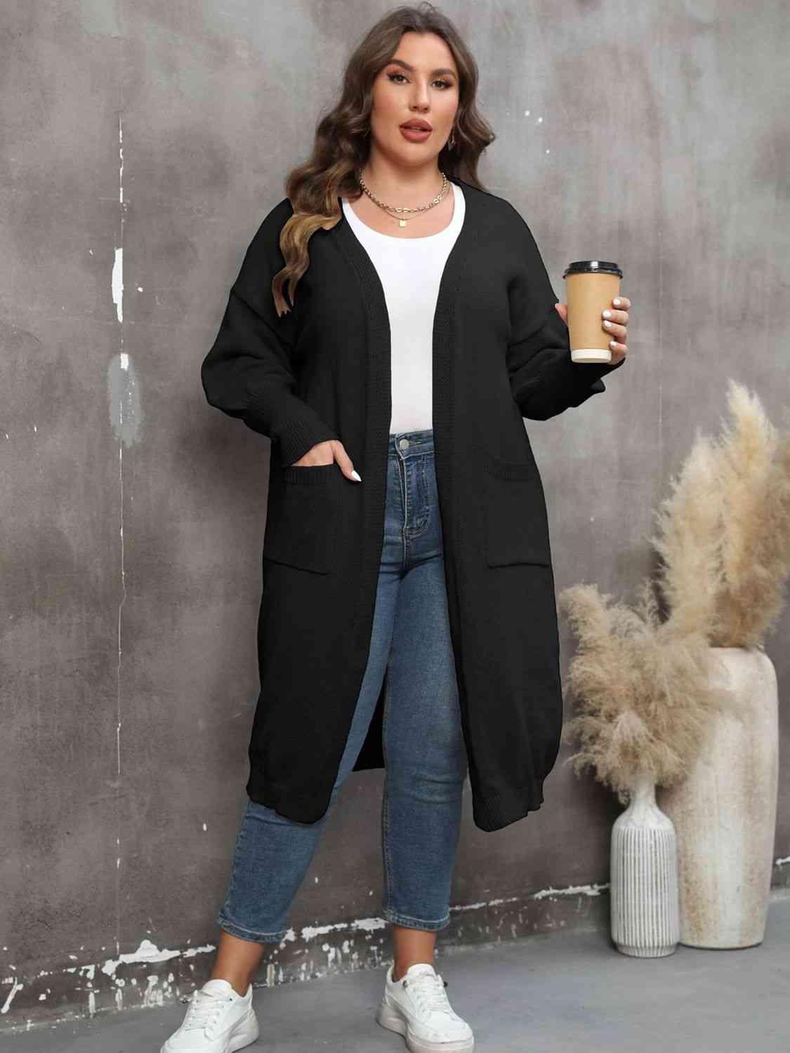 Plus Size Long Sleeve Pocketed Cardigan - Clothes For Her Online Store