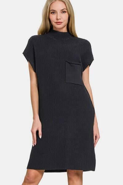 Zenana Mock Neck Short Sleeve Sweater Dress - Clothes For Her Online Store