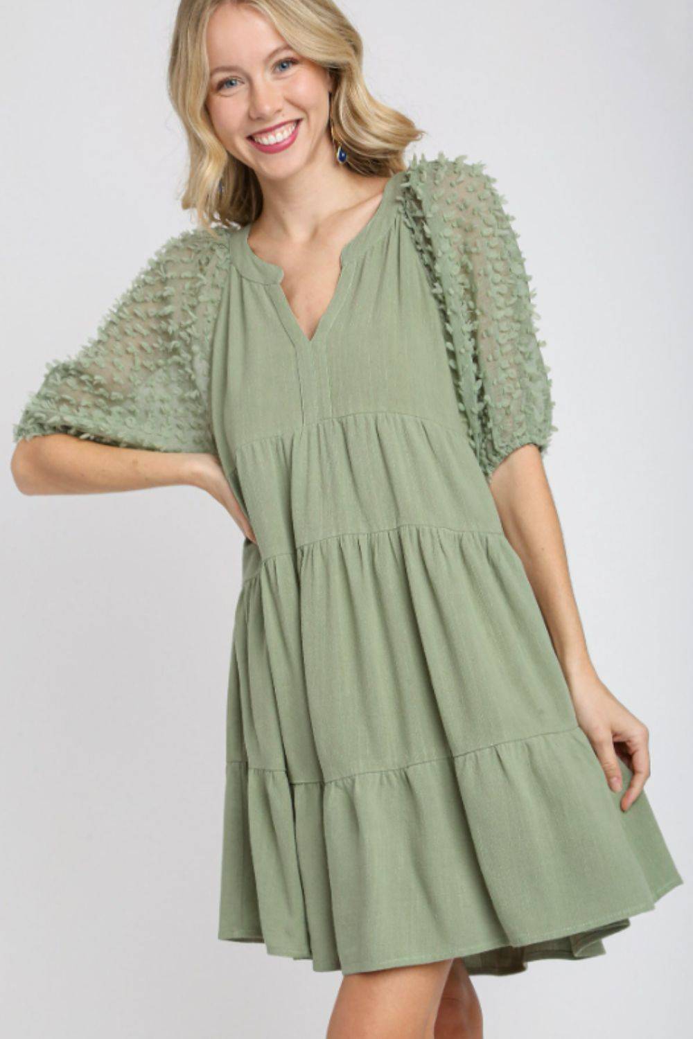 Umgee Full Size Linen Tiered A-Line Split Neck Dress Plus Size - Clothes For Her Online Store