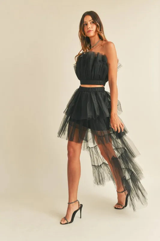 MABLE Tulle Tube Ruffle Crop Top and High Low Maxi Skirt Set - Clothes For Her Online Store