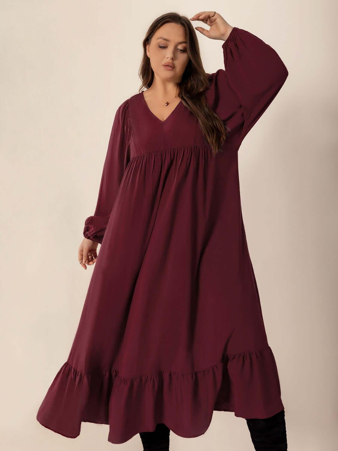 Plus Size Ruffled Hem V-Neck Balloon Sleeve Dress - Clothes For Her Online Store