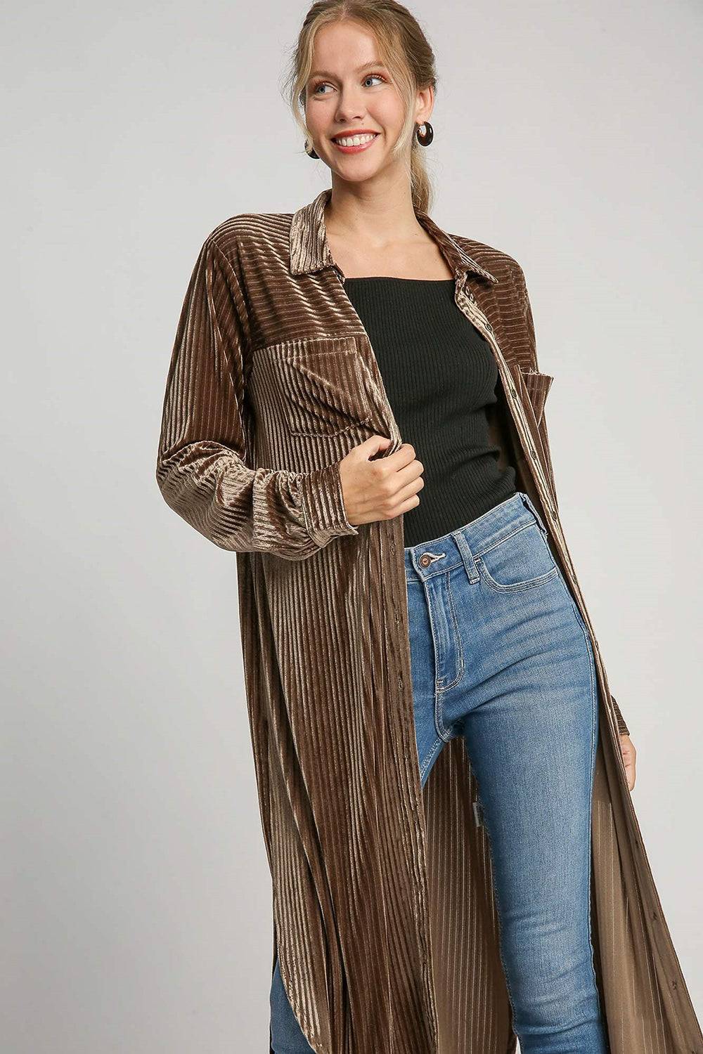 Umgee Texture Curved Hem Button Down Shirt Dress - Clothes For Her Online Store