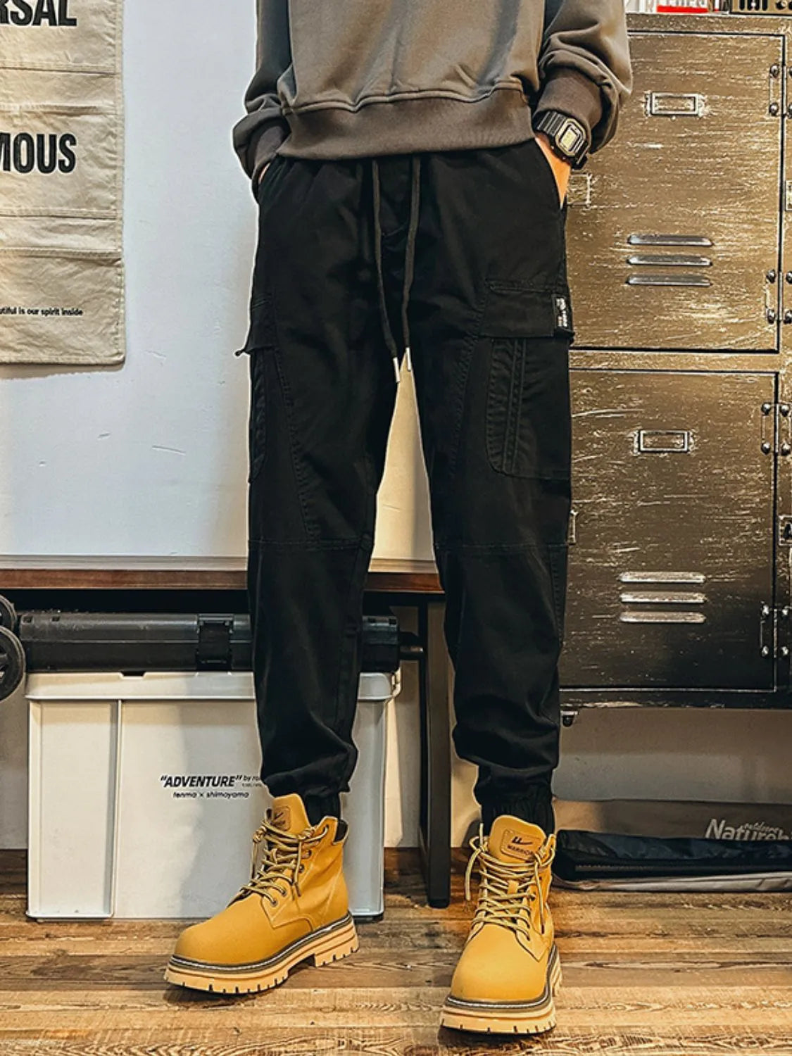 Men's Plus Size Drawstring Pants with Cargo Pockes