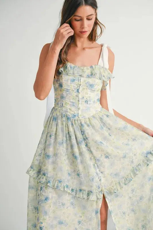 MABLE Floral Printed Shoulder Strap Midi Dress - Clothes For Her Online Store