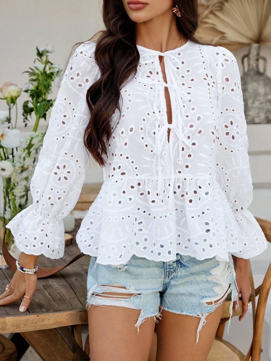 Devine Tie Front Flounce Sleeve Peplum Blouse