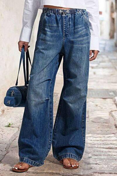 Drawstring Waist Wide Leg Shirred Jeans