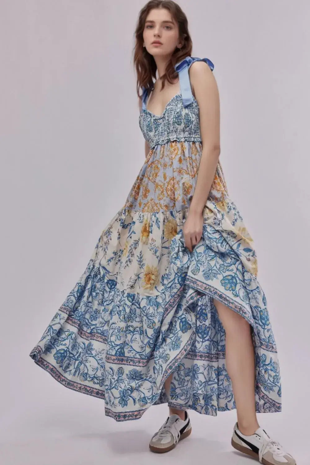 Floral Tiered Maxi Dress with Mixed Print Design