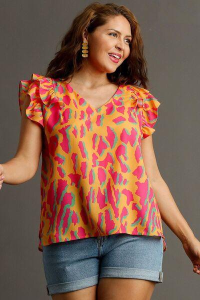 Umgee Full Size Abstract Print V-Neck Double Layer Ruffle Sleeve Blouse Plus Size