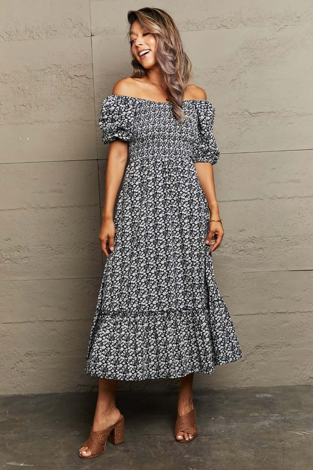 Perfee Floral Lace-Up Off-Shoulder Midi Dress - Clothes For Her Online Store