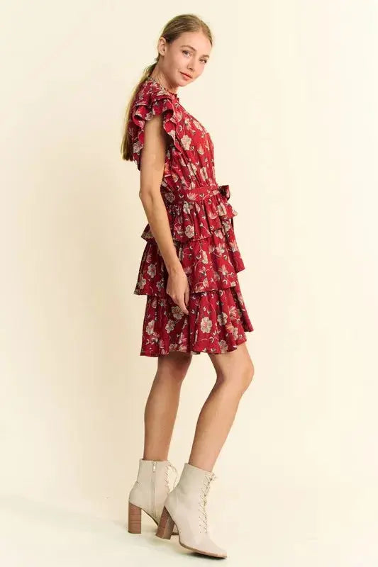 Davi & Dani Ruffle Flutter Sleeve Tie Belt Tiered Mini Dress - Clothes For Her Online Store