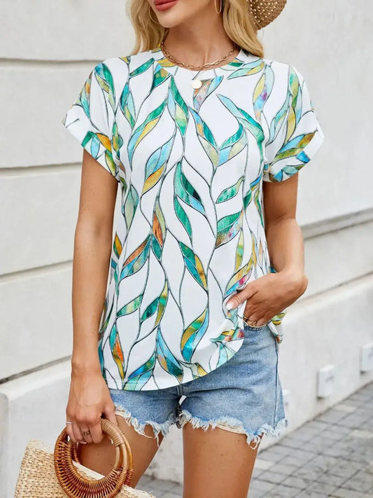 Printed Round Neck Short Sleeve Top - Clothes For Her Online Store