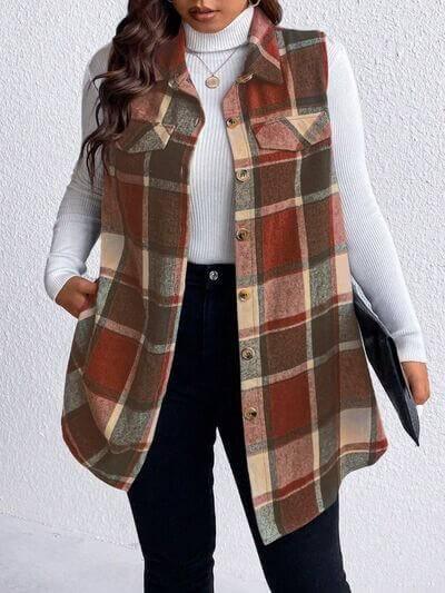 Honey Plus Size Pocketed Plaid Button Up Vest Coat - Clothes For Her Online Store