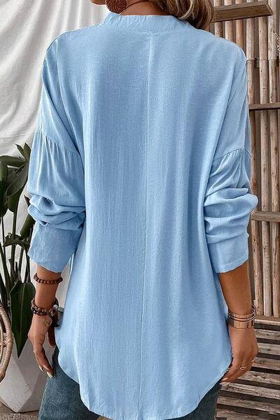 Solid Color Notched Long Sleeve Blouse