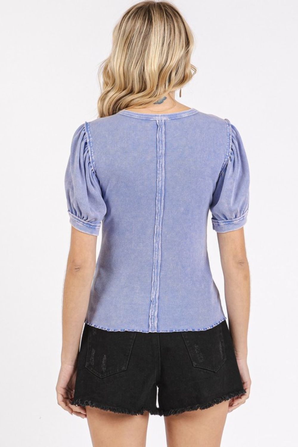 Mittoshop Mineral Wash Puff Sleeve Rib Knit Top - Clothes For Her Online Store