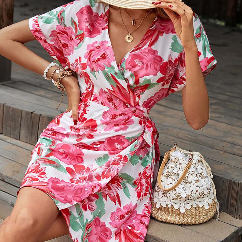 Perfee Floral Tied Short Sleeve Mini Dress