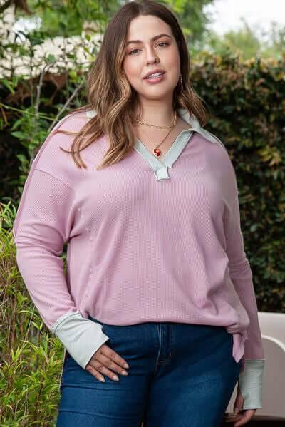 Plus Size Exposed Seam Johnny Collar Long Sleeve T-Shirt - Clothes For Her Online Store