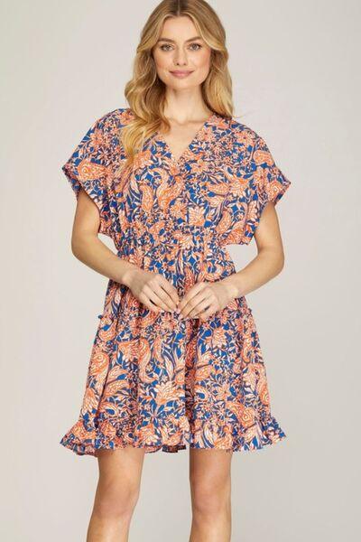 She + Sky Full Size Ruffled Hem Printed Surplice Kimono Sleeve Mini Dress Plus Size