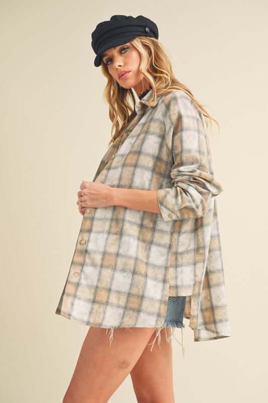 Aemi + Co Washed Plaid Flannel Side Step Hem Shirt