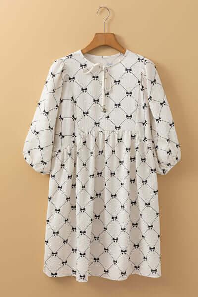 Bow Print Tie Neck Half Sleeve Dress